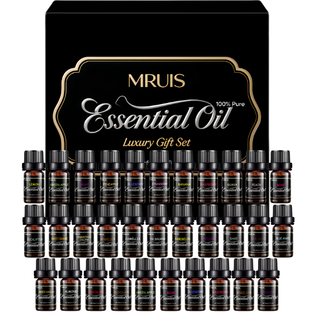 32 Basic Essential Oil Set MRUIS-100% Vegan Plant Extract Essential Oil Diffuser Flower Agarwood Rose Amber Saffron Papaya Aromatic Essential Oil Moisturizing Effect Fragrance Gift Box Fashionable Women Valentine's Day Christmas Birthday Gift