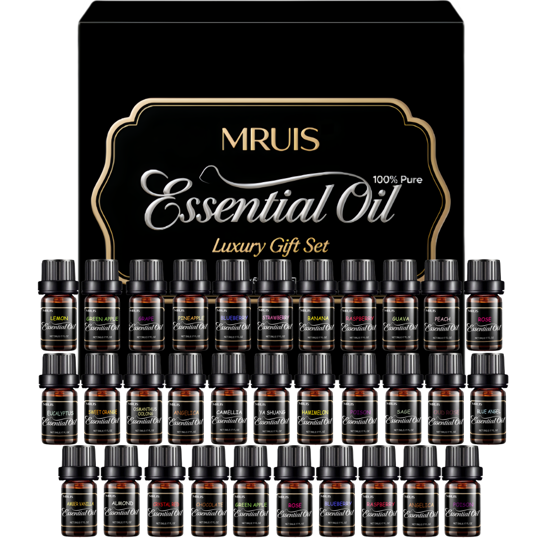 32 Basic Essential Oil Set MRUIS-100% Vegan Plant Extract Essential Oil Diffuser Flower Agarwood Rose Amber Saffron Papaya Aromatic Essential Oil Moisturizing Effect Fragrance Gift Box Fashionable Women Valentine's Day Christmas Birthday Gift