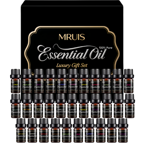 32 Basic Essential Oil Set MRUIS-100% Vegan Plant Extract Essential Oil Diffuser Flower Agarwood Rose Amber Saffron Papaya Aromatic Essential Oil Moisturizing Effect Fragrance Gift Box Fashionable Women Valentine's Day Christmas Birthday Gift
