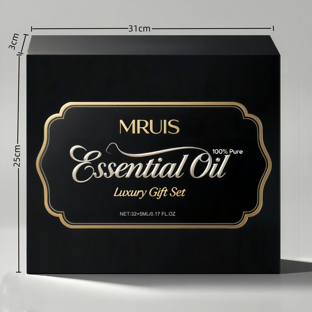 32 Basic Essential Oil Set MRUIS-100% Vegan Plant Extract Essential Oil Diffuser Flower Agarwood Rose Amber Saffron Papaya Aromatic Essential Oil Moisturizing Effect Fragrance Gift Box Fashionable Women Valentine's Day Christmas Birthday Gift